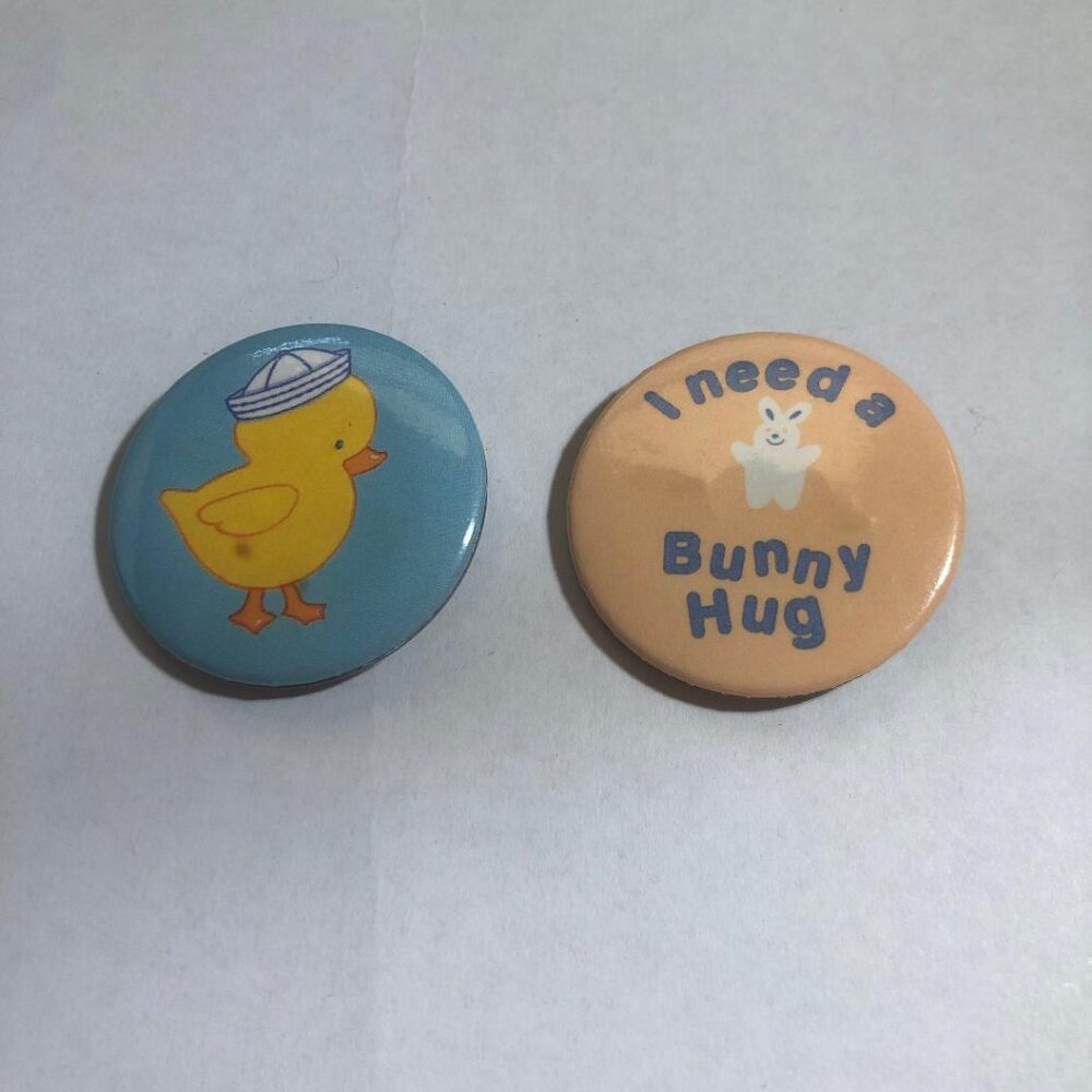 2 Vintage Hallmark Mini Button Pin Easter Bunny Rabbit I Need A Hug and Chick